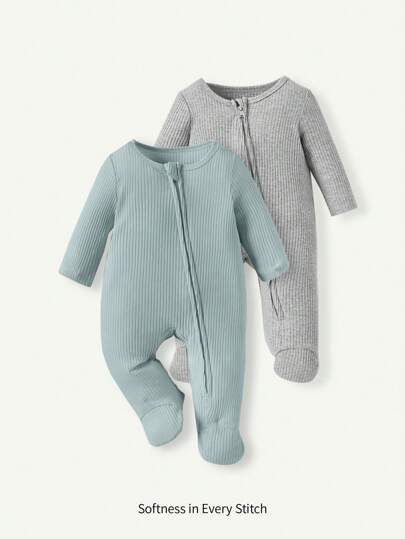 Cozy Pixies 2件套新生女宝宝纯色圆领长袖连体衣套装