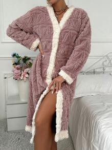 Color Blocked Jacquard Fleece Robe For Women, For Fall Winter, Cozy Outfit - Multicolor - View 1
