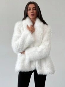 Aloruh New White Windbreaker Warm Long Sleeve Versatile Commuting & Dating Fluffy Jacketwinter, Elegant, Old Moneybusiness Casual, White, Furry, Faux Fur, Long Sleeve - White - View 1