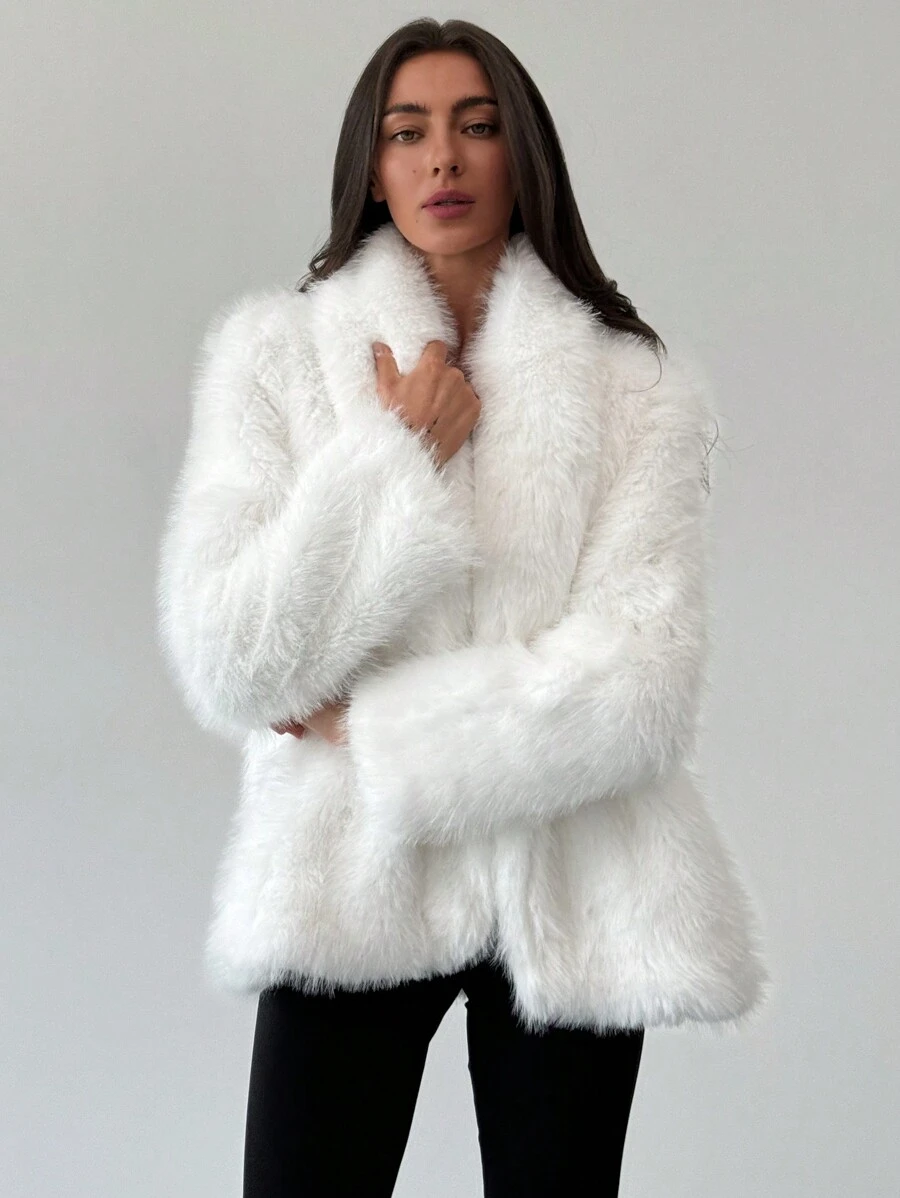 Aloruh New White Windbreaker Warm Long Sleeve Versatile Commuting & Dating Fluffy Jacketwinter, Elegant, Old Moneybusiness Casual, White, Furry, Faux Fur, Long Sleeve - White - View 1