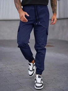 Manfinity Homme 男士日常休闲抽绳口袋压胶设计慢跑裤，适合秋季 - 藏蓝色 - 查看 3