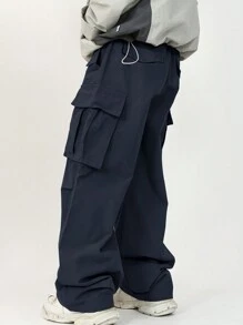 Manfinity Hypemode Men's Casual Cargo Pants With Flap Pockets And Drawstring Waist - Navy Blue - View 2