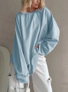 INAWLY Women's Solid Color Crew Neck Long Sleeve Pullover Sweatshirt - Baby Blue - View 5
