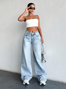 EURMUSE 100% Cotton Front Button, Multi-Pocket, Light Blue Low Waist Wide Leg Pants For Casual Daily Wear - Baby Blue - View 6