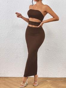 Allurite 女士露肩低背修身性感镂空紧身迷你连衣裙 - 咖啡棕 - 查看 3