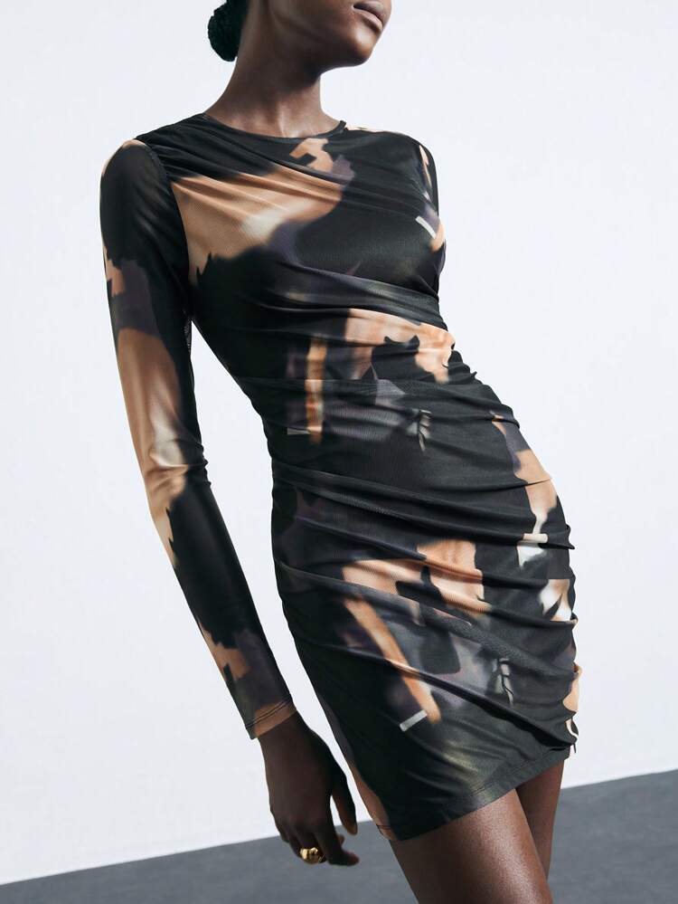 SHEIN Maija Women's Black Pleated Tie-Dye Pattern Chic Long Sleeve Mini Dress,Fitted Night Out Outfit,Versatile Autumn Casual Dress For Music Festival