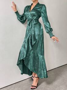 Modelyn 女款深綠色花卉提花V領長袖優雅洋裝，秋季婚禮賓客長款晚禮服，適合休閒日常/旅行/度假/假期 - 綠色 - 查看 4