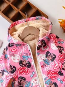 Baby Girl Warm Fluffy Lined Street Style Cartoon Print Pink Hooded Jacket, 2y - Multicolor - View 4