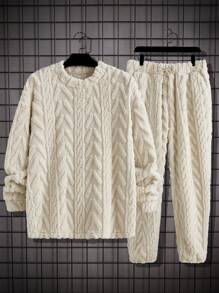 Manfinity Homme 男士圆领长袖简约卫衣和前系带休闲裤休闲装，两件套卫衣套装，男士针织两件套，舒适服装，秋冬服装 - 杏色 - 查看 3