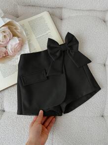 SHEIN Leap Crew Baby Girls Casual Versatile Solid Color Asymmetric Detachable Bow Elastic Waist Black Skirt - Black - View 5