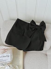 SHEIN Leap Crew Baby Girls Casual Versatile Solid Color Asymmetric Detachable Bow Elastic Waist Black Skirt - Black - View 8