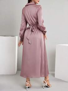 Modelyn 1pc Solid Color Twist Design Elegant Long Sleeve Dress Long Evening Dresses - Pink - View 4