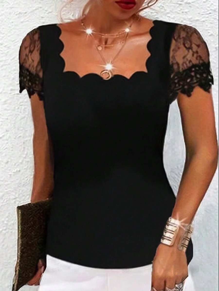 Calvaya 女士蕾絲拼接短袖襯衫 - 黑色 - 查看 1