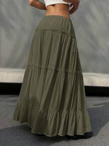 SHEIN EZwear Women's Solid Color Tie-Waist Ruffle Hem Long Casual Skirt - Olive Green - View 2