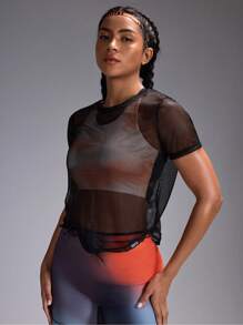 Powerista 1 pieza Camiseta deportiva de mujer de cuello redondo, manga corta, unicolor, de malla para gimnasio