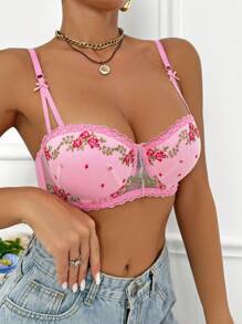 SHEIN Women Embroidered Mesh Lace Trim Bra - Pink - View 4