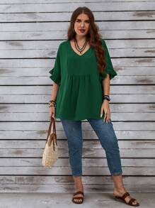 EMERY ROSE Camisas azul marino informales de vacaciones con mangas con volantes para mujer talla grande - Verde Oscuro - Ver 3