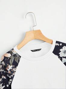 SHEIN LUNE 女士休闲圆领长袖时尚印花拼布运动衫 - 白色 - 查看 4