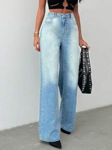 SHEIN Cottnline QUẦN JEAN CAO CẤP CHÂN RỘNG MÀU XANH DƯƠNG NHẠT 100% COTTON - Rửa nhẹ - Xem 4