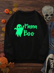 Dames lange mouwen fleece ronde hals sweatshirt, Halloween thema Glow-in-the-dark schattige vleermuis print pullover casual sweatshirt, bijpassende familie outfits