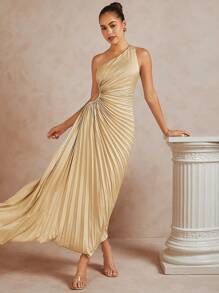 L'Amorae Asymmetric One Shoulder Satin Pleated Dress With Cut Out - Khaki - View 3