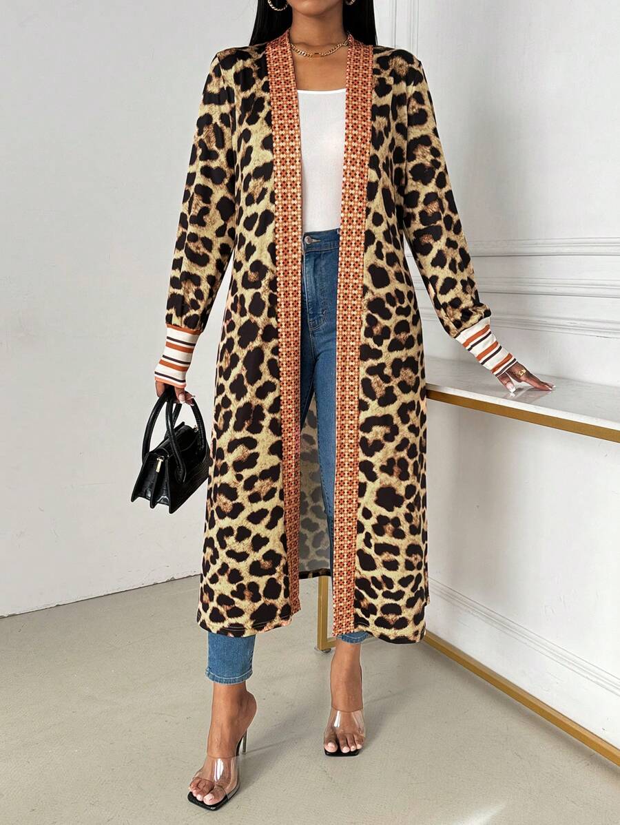 SHEIN Clasi 女士豹纹拼布长袖休闲开衫 - 卡其色 - 查看 1