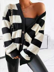 Chiquease 新款秋冬条纹仿貂绒女式开衫 - 黑與白 - 查看 3