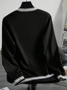 Manfinity Homme Men's Casual Loose Fit Letter & Striped Print Long Sleeve Baseball Jacket For Spring & Autumn - Black and White - View 2