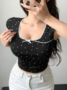DAZY Áo thun ngắn tay chấm bi mùa hè dành cho nữ có trang trí nơ - màu đen - Xem 3