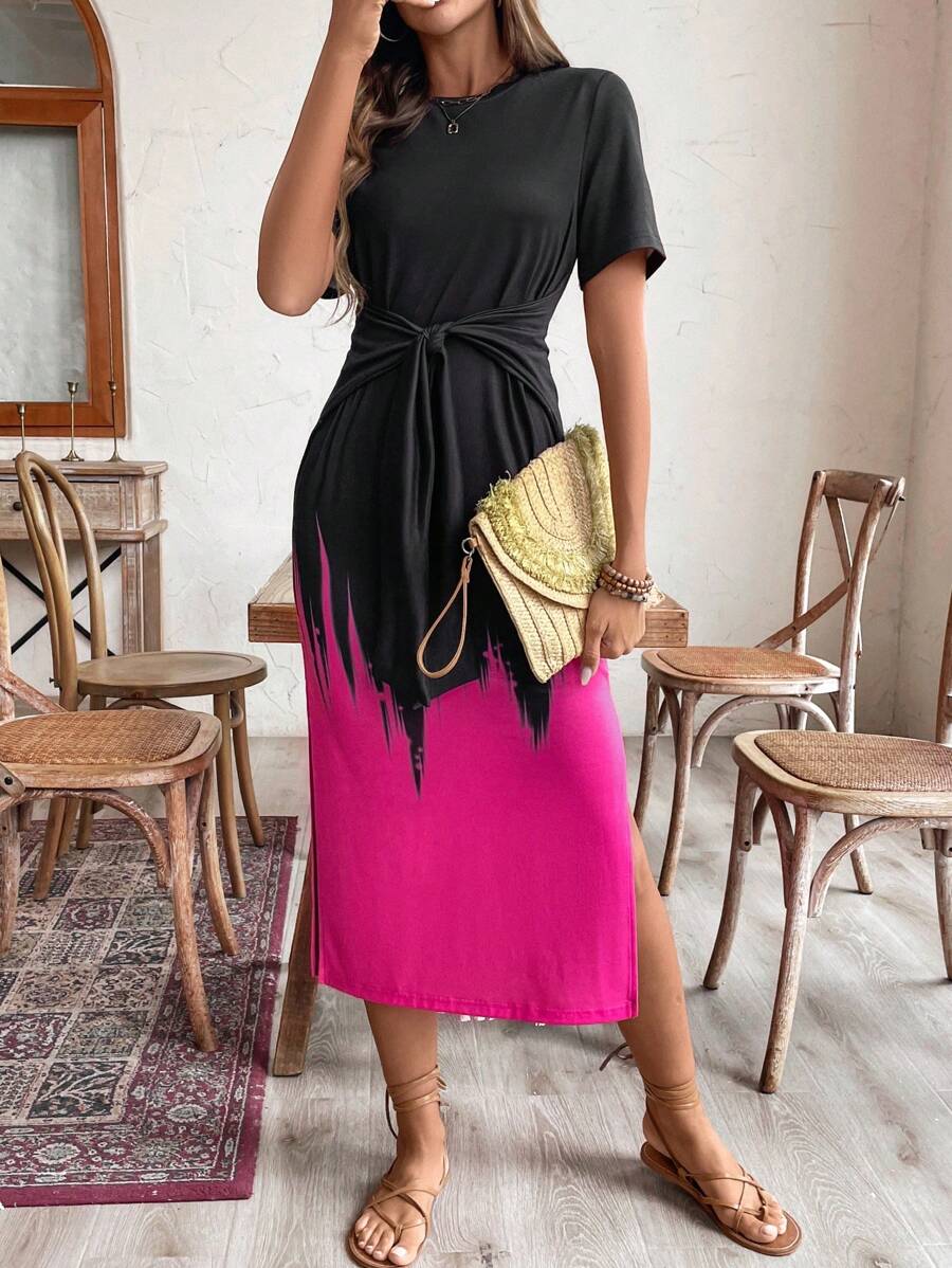 SHEIN LUNE Vestido de mujer con cuello redondo y detalles a dos tonos con cinturón, manga corta y abertura alta. Elegante y gracioso - Rosa Fucsia - Ver 1