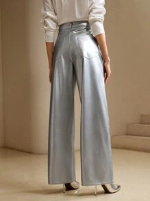 Anewsta 女式时尚都市金属银色直筒阔腿裤 - 銀色 - 查看 2