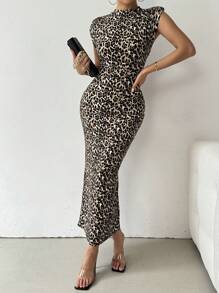 SHEIN Clasi Sleeveless Leopard Print Midi Bodycon Dress - Multicolor - View 1