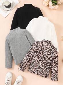 SHEIN 4pcs Solid Color Stand Collar T-Shirts And Leopard Print Stand Collar T-Shirts Set For Young Girls - Multicolor - View 2