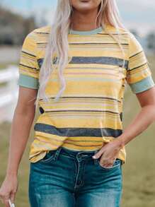 CILKOO 女士休闲撞色条纹圆领T恤，春夏款 - 黃色 - 查看 3