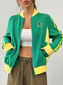 Muchica Women's Casual Raglan Sleeve Brazil National Flag Color Block Baseball Jacket, Spring Autumn - Green - View 3