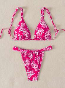 SHEIN Swim 1 Set Women Fashion Backless Top And Allover Print Bottom Bikini, Floral Print Random Summer - Hot Pink - View 6