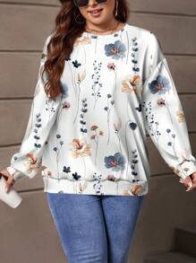 EMERY ROSE Plus Size Women Floral Print Long Sleeve Loose Fit Pullover Sweatshirt, Fall/Winter Autumn - White - View 5