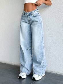 EURMUSE 100% Cotton Front Button, Multi-Pocket, Light Blue Low Waist Wide Leg Pants For Casual Daily Wear - Baby Blue - View 5