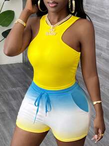 Slaydiva 2 cái/bộ Áo ba lỗ và quần short màu ombre thông thường dành cho nữ - Nhiều màu - Xem 1