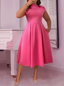 SHEIN Unity Plus Size Women's Solid Color Knit Stand Collar Dress With Bowknot On Shoulder And A-Line Silhouette Maxi Women Outfit