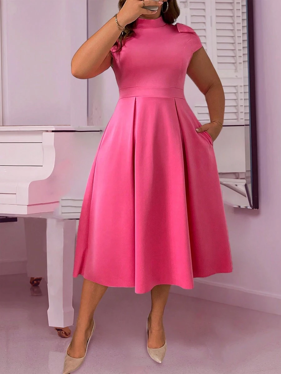 SHEIN Unity Plus Size Women's Solid Color Knit Stand Collar Dress With Bowknot On Shoulder And A-Line Silhouette Maxi Women Outfit