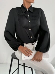 Modelyn Chemise à manches lanterne de couleur unie décontractée pour femmes, printemps automne