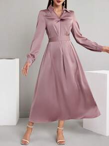 Modelyn 1pc Solid Color Twist Design Elegant Long Sleeve Dress Long Evening Dresses - Pink - View 6