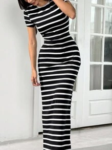 SHEIN EZwear Black And White Striped Round Neck Short Sleeve Fitted Long Dress, Fall/Winter - Black and White - View 3