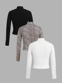 SHEIN EZwear 3 cái/bộ Áo thun dài tay cao cổ trơn vừa vặn phù hợp cho mùa thu đông - Nhiều màu - Xem 2