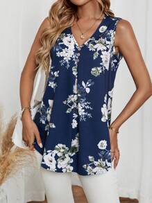 EMERY ROSE Women's Summer Casual Button Decor Asymmetric Hem Floral Print Camisole Shirt - Navy Blue - View 4