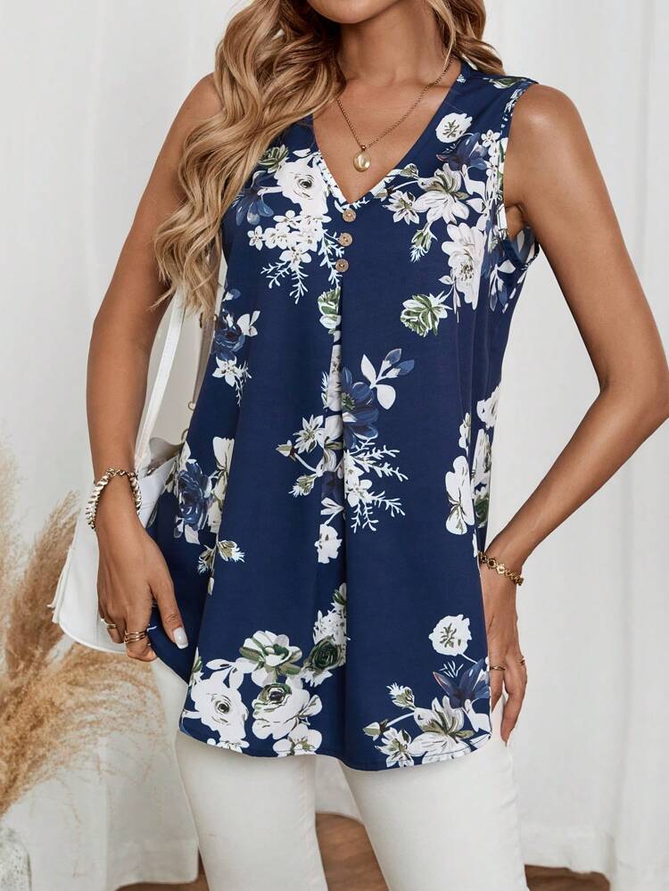 Women's Summer Casual Button Decor Asymmetric Hem Floral Print Camisole Shirt