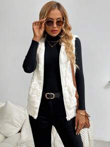 SHEIN LUNE 秋冬女士纯色纹理无袖连帽休闲日常夹克 - 白色 - 查看 7