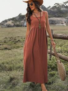 EMERY ROSE 女式夏季纯色方领无袖长款休闲连衣裙 - 鏽棕色 - 查看 7