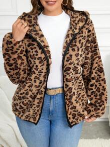 EMERY ROSE Plus Size Women's Leopard Print Reversible Fleece Hoodies Jacket, Autumn/Winter - Brown - View 1